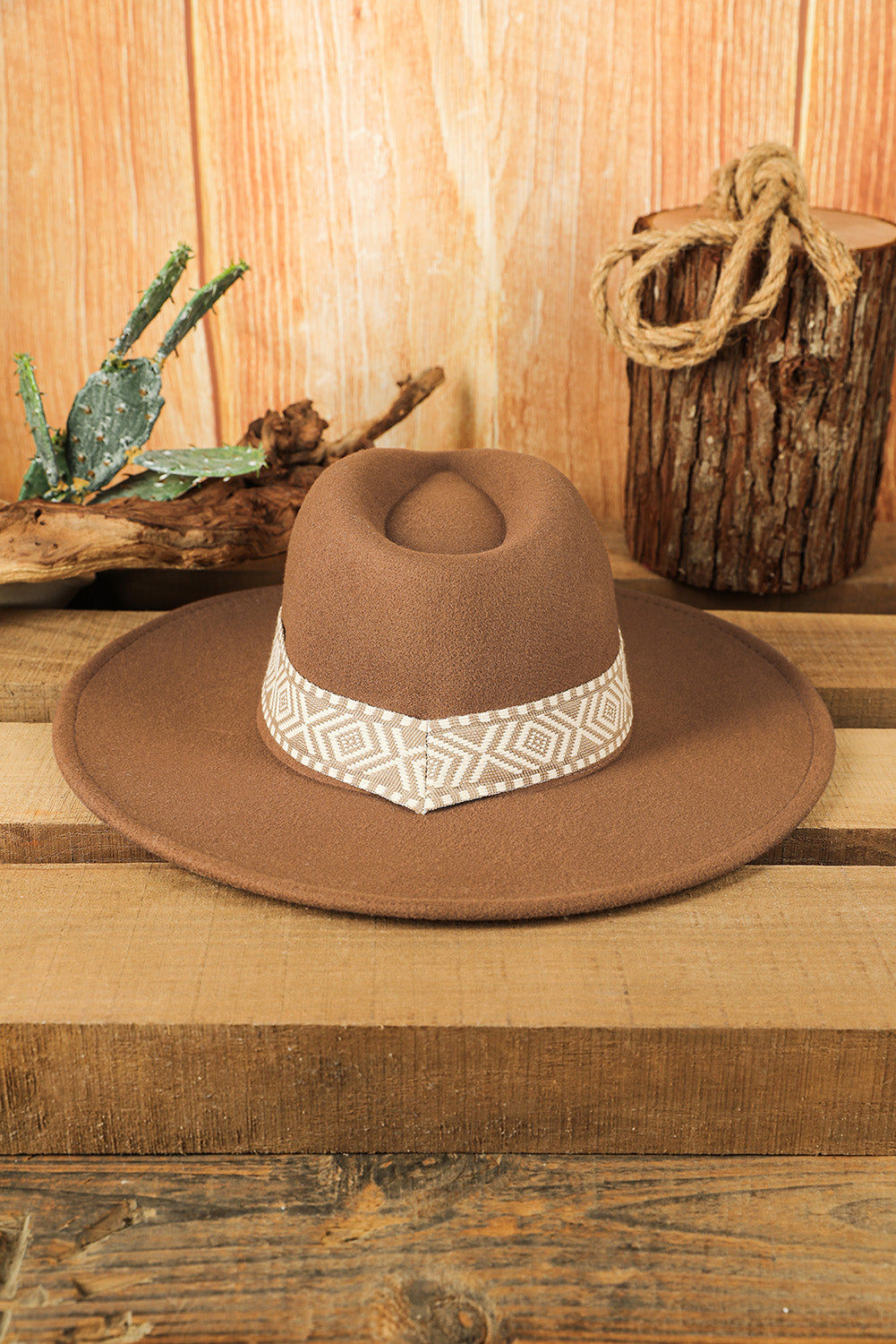 Brown Western Patchwork Flat Brim Cowboy Woven Hat