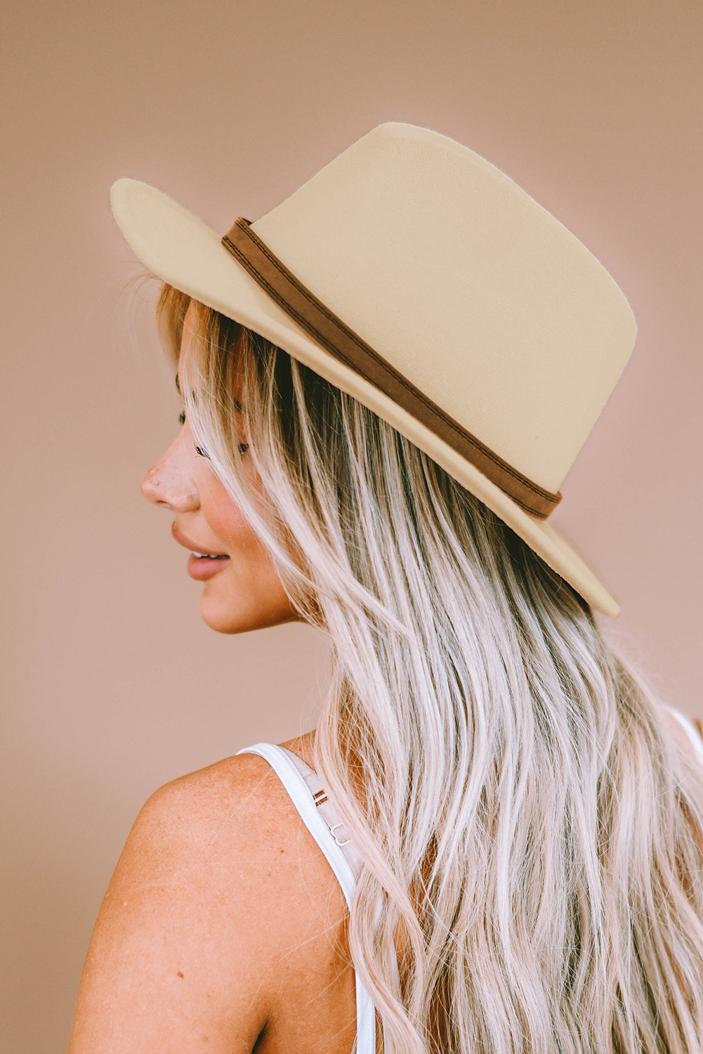 Beige Leather Strap Hat